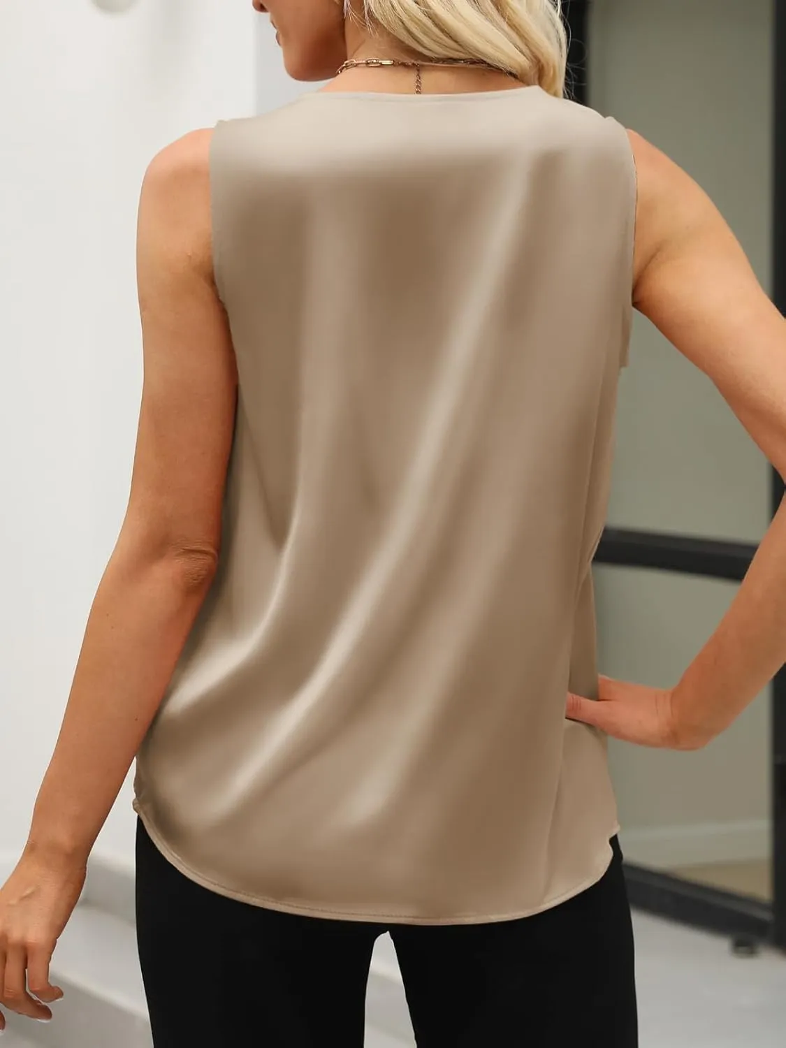 Women's Silk Satin Blouse, Summer Sleeveless Tank Tops, V Neck Camisole Work Shirts for Women