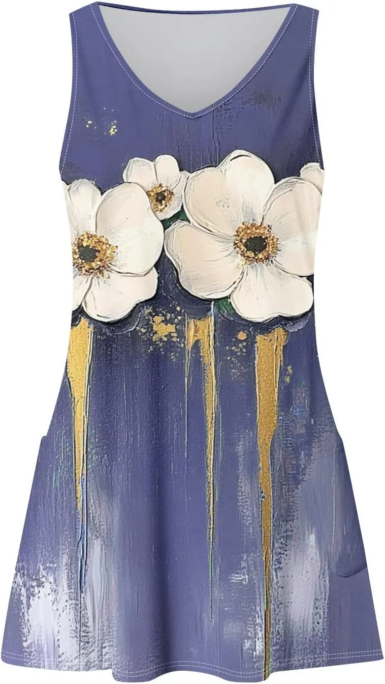 Women's Sleeveless Floral Dress Summer Casual Loose Fit V-Neck Summer for Beach, Party, or Daily Wear