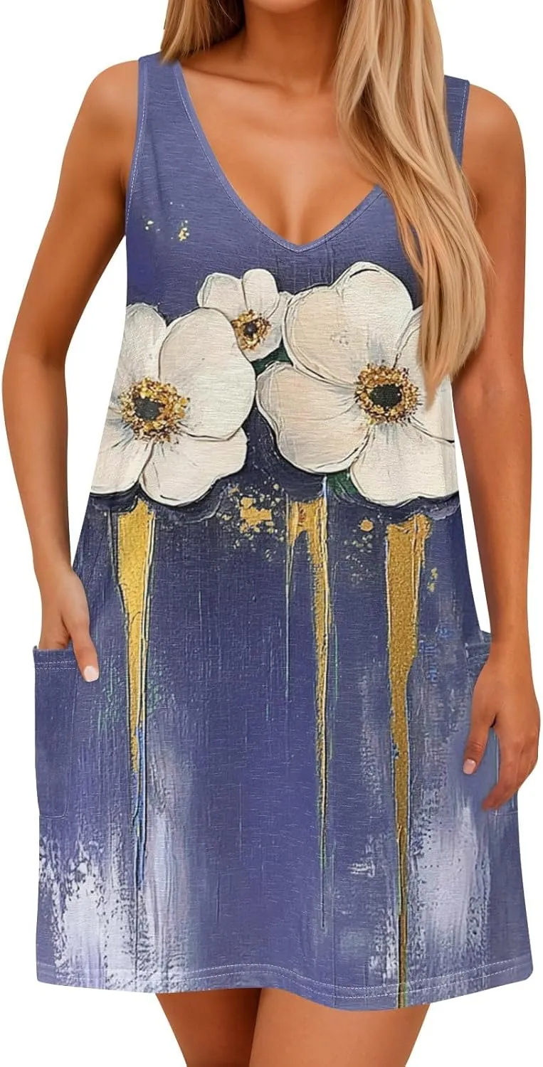 Women's Sleeveless Floral Dress Summer Casual Loose Fit V-Neck Summer for Beach, Party, or Daily Wear