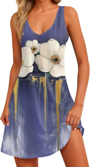 Women's Sleeveless Floral Dress Summer Casual Loose Fit V-Neck Summer for Beach, Party, or Daily Wear