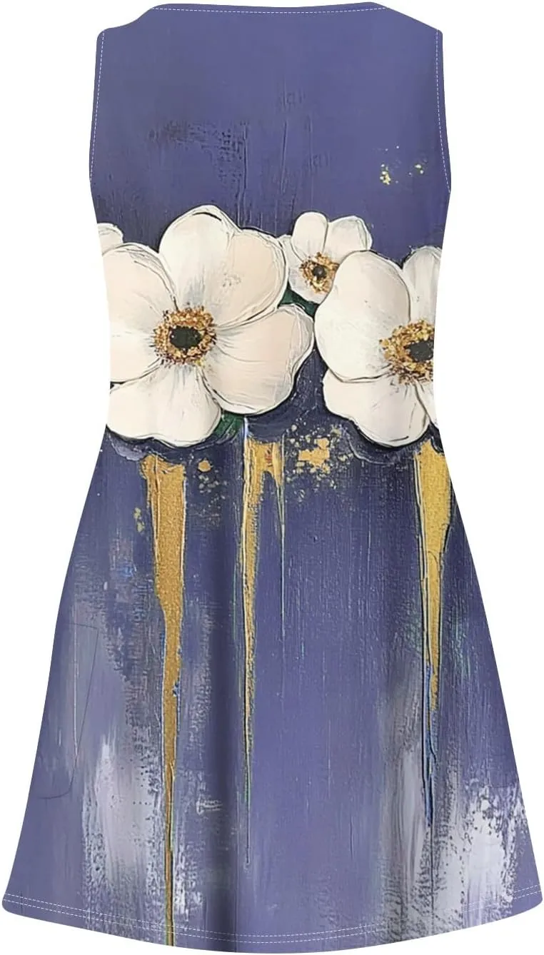 Women's Sleeveless Floral Dress Summer Casual Loose Fit V-Neck Summer for Beach, Party, or Daily Wear