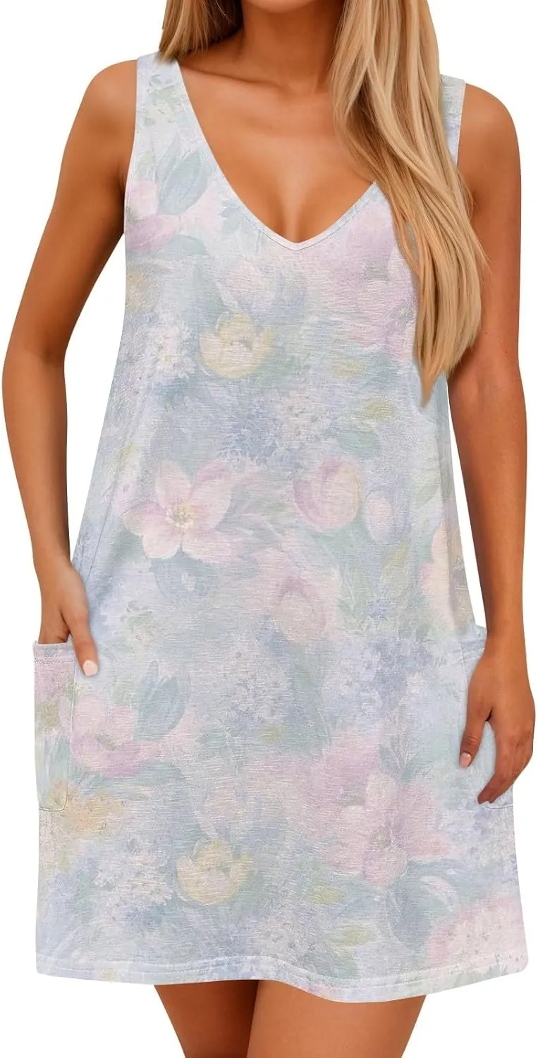 Women's Sleeveless Floral Print Summer Dress Casual Loose Fit Summer with Design for Beach and Daily Wear