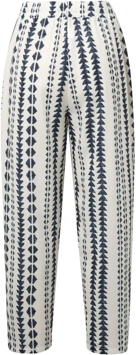 Womens Striped Pants Drawstring Elastic Waist Summer Lounge Pants Straight Leg Baggy Trendy Trousers with Pocket