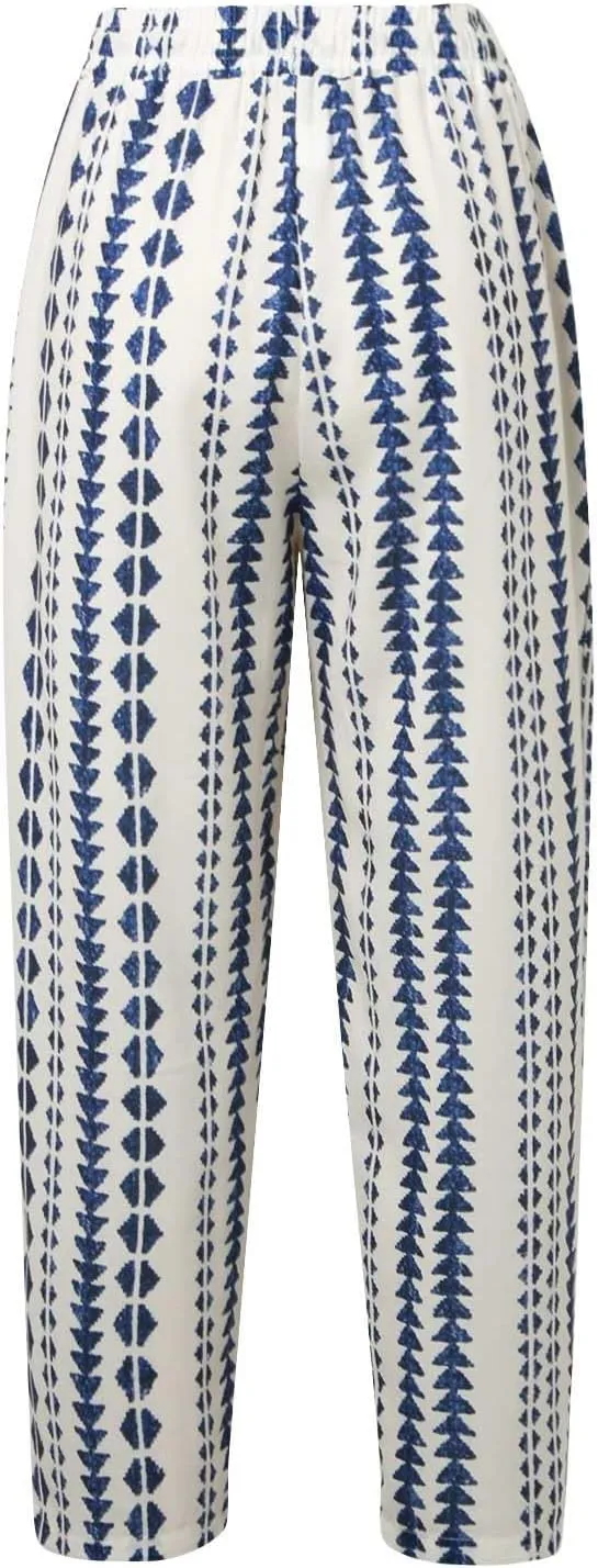 Womens Striped Pants Drawstring Elastic Waist Summer Lounge Pants Straight Leg Baggy Trendy Trousers with Pocket