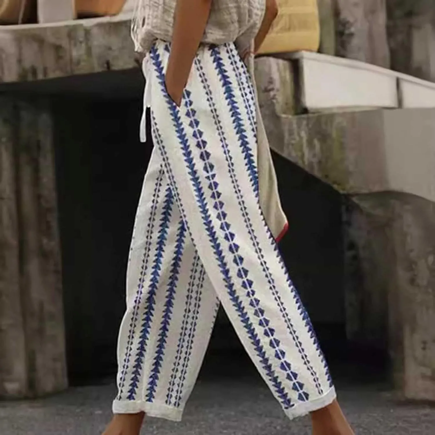 Womens Striped Pants Drawstring Elastic Waist Summer Lounge Pants Straight Leg Baggy Trendy Trousers with Pocket
