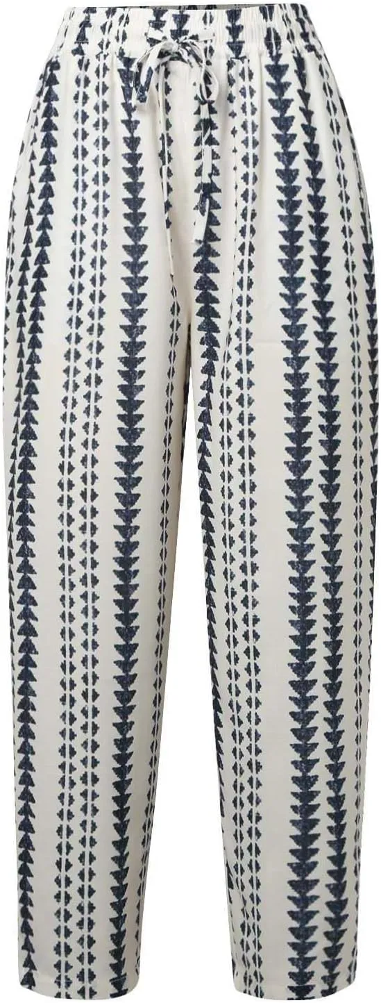 Womens Striped Pants Drawstring Elastic Waist Summer Lounge Pants Straight Leg Baggy Trendy Trousers with Pocket