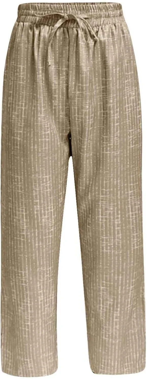 Womens Striped Pants Drawstring Elastic Waist Summer Lounge Pants Straight Leg Baggy Trendy Trousers with Pocket