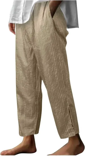 Womens Striped Pants Drawstring Elastic Waist Summer Lounge Pants Straight Leg Baggy Trendy Trousers with Pocket