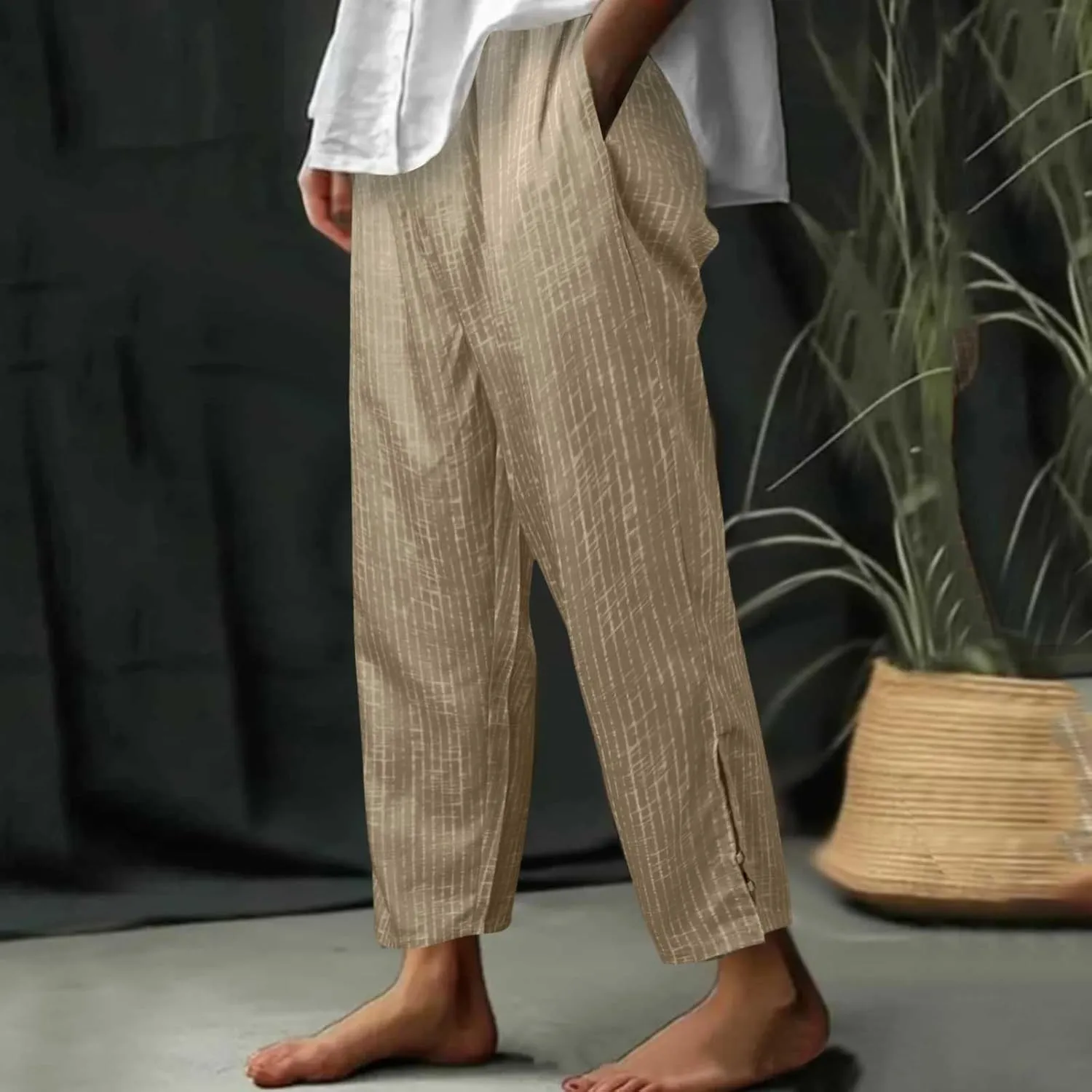 Womens Striped Pants Drawstring Elastic Waist Summer Lounge Pants Straight Leg Baggy Trendy Trousers with Pocket