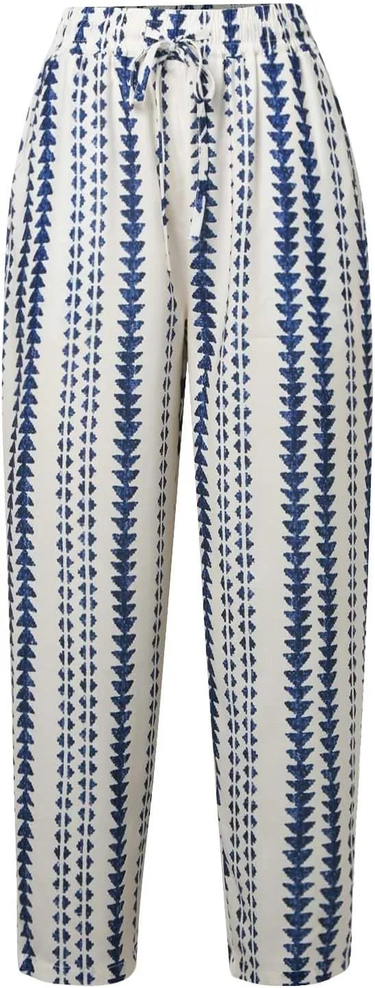 Womens Striped Pants Drawstring Elastic Waist Summer Lounge Pants Straight Leg Baggy Trendy Trousers with Pocket