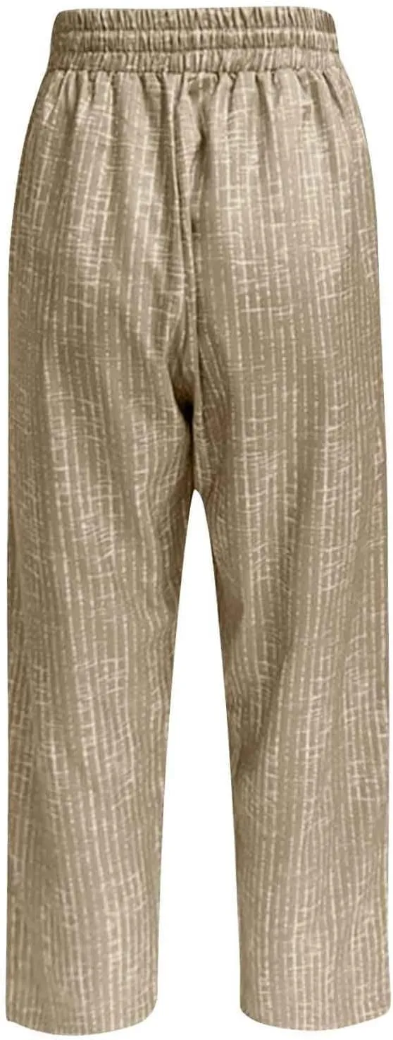 Womens Striped Pants Drawstring Elastic Waist Summer Lounge Pants Straight Leg Baggy Trendy Trousers with Pocket