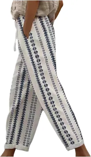 Womens Striped Pants Drawstring Elastic Waist Summer Lounge Pants Straight Leg Baggy Trendy Trousers with Pocket