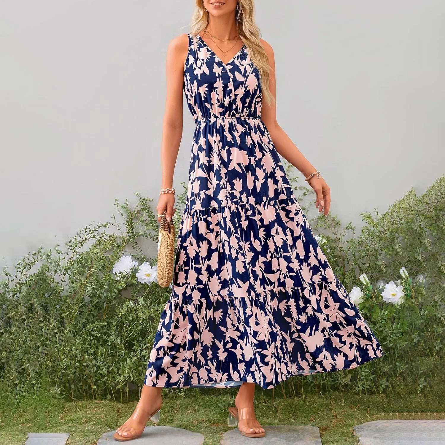 Women's Summer Casual Loose Boho Dress Sleeveless V-Neck Floral Print Vacation Travel Maxi Dresses,S-2XL