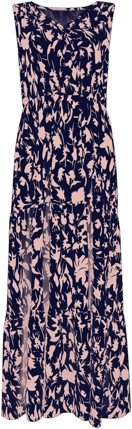 Women's Summer Casual Loose Boho Dress Sleeveless V-Neck Floral Print Vacation Travel Maxi Dresses,S-2XL