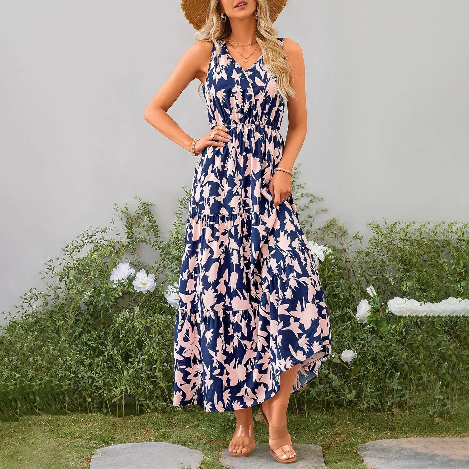 Women's Summer Casual Loose Boho Dress Sleeveless V-Neck Floral Print Vacation Travel Maxi Dresses,S-2XL