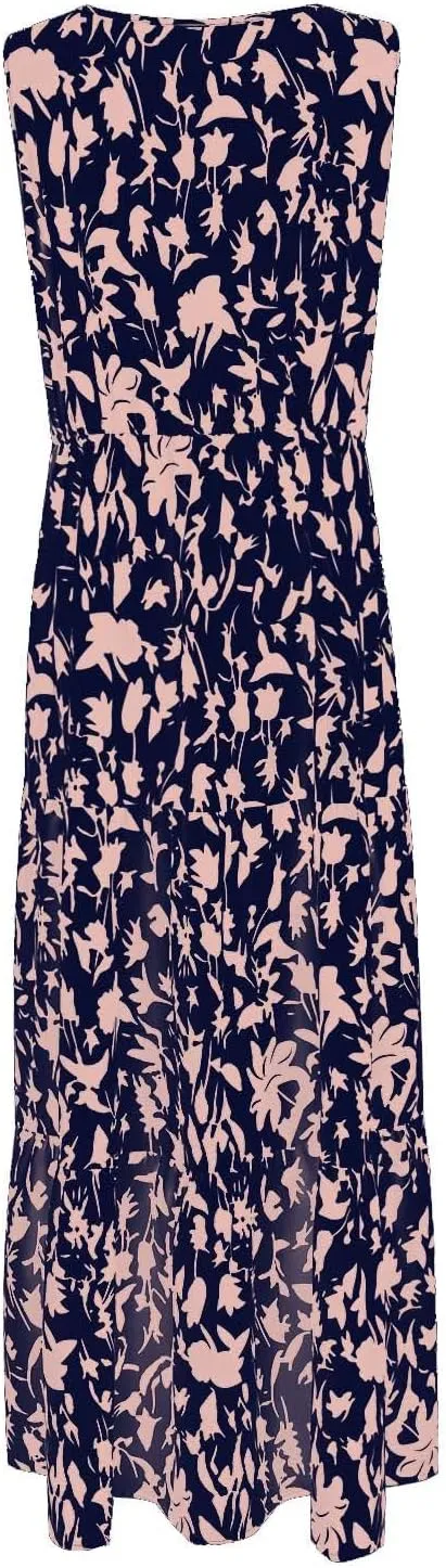 Women's Summer Casual Loose Boho Dress Sleeveless V-Neck Floral Print Vacation Travel Maxi Dresses,S-2XL
