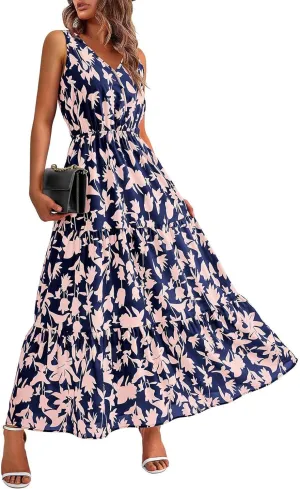 Women's Summer Casual Loose Boho Dress Sleeveless V-Neck Floral Print Vacation Travel Maxi Dresses,S-2XL