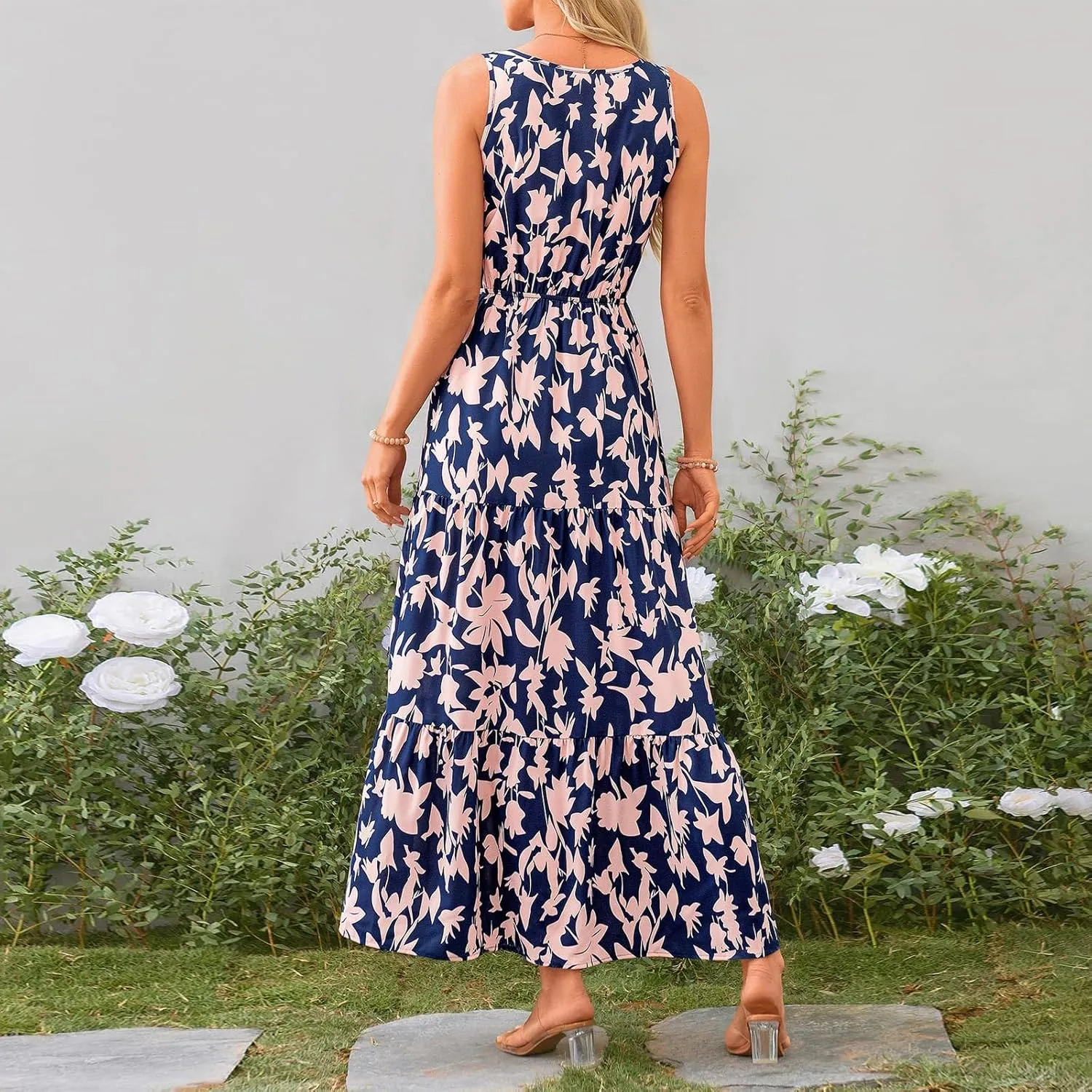 Women's Summer Casual Loose Boho Dress Sleeveless V-Neck Floral Print Vacation Travel Maxi Dresses,S-2XL