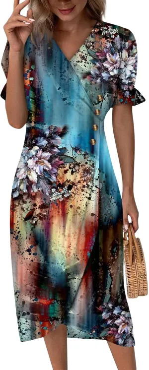 Women's Summer Casual Loose Short Sleeve V-Neck Floral Printed Solid Sun Beach Vacation Dress Plus Size, S-3XL