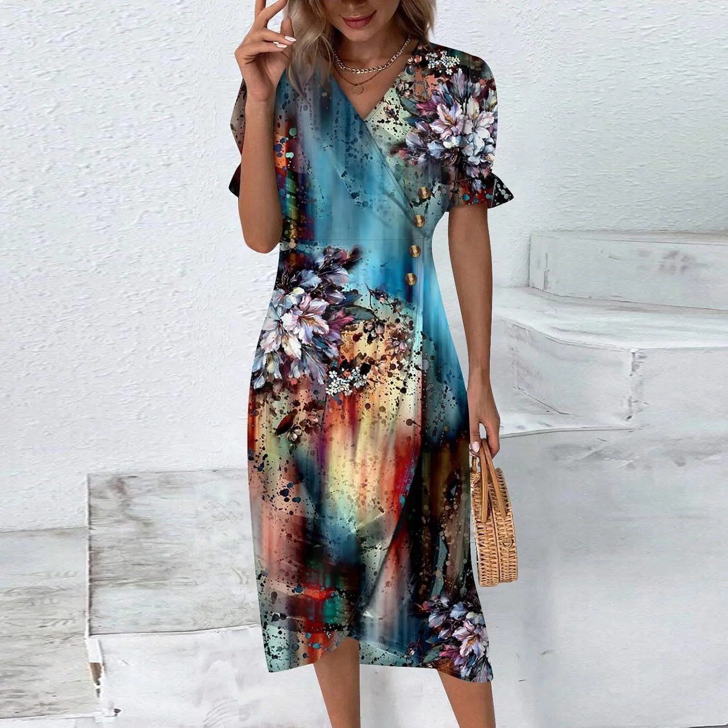 Women's Summer Casual Loose Short Sleeve V-Neck Floral Printed Solid Sun Beach Vacation Dress Plus Size, S-3XL