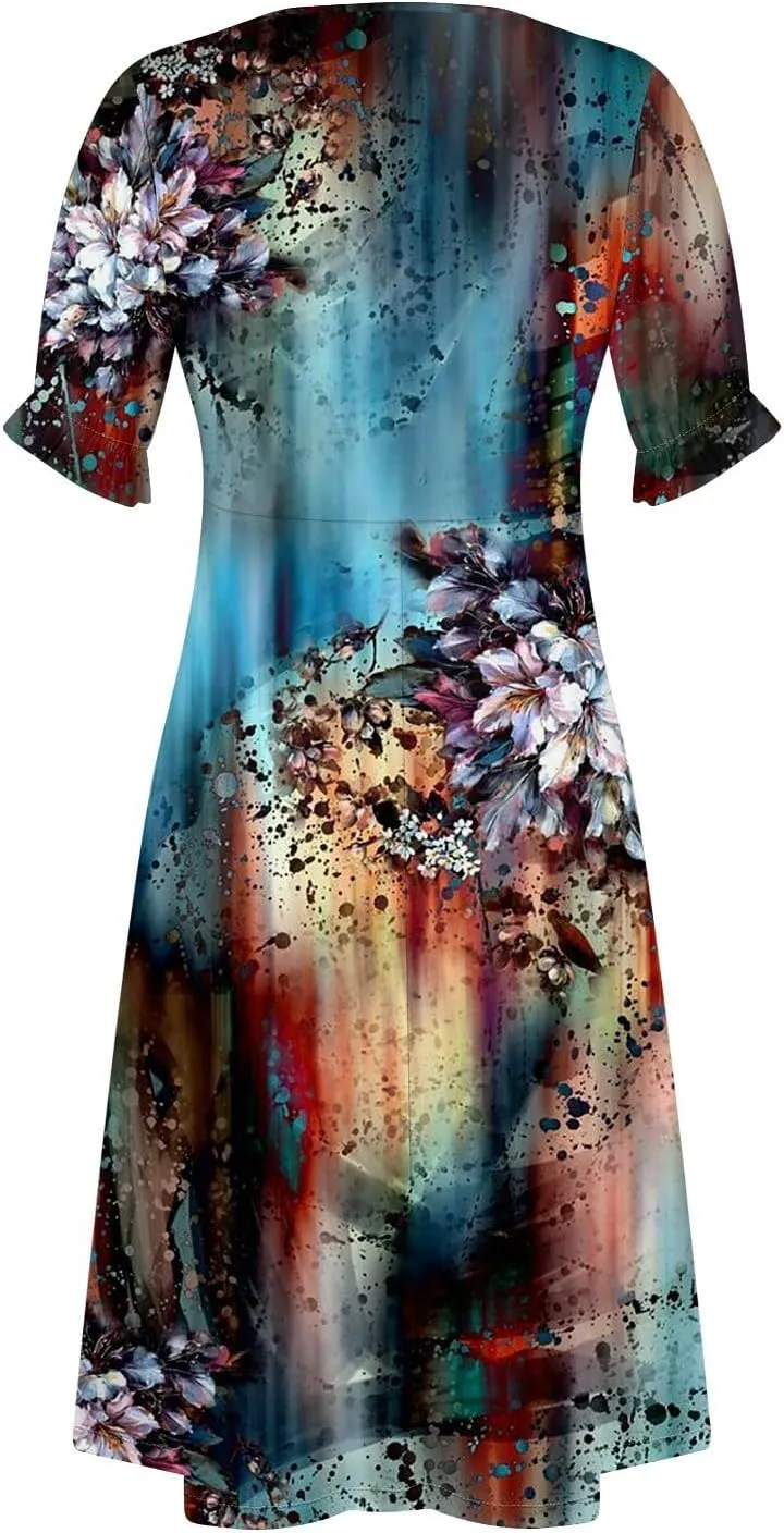 Women's Summer Casual Loose Short Sleeve V-Neck Floral Printed Solid Sun Beach Vacation Dress Plus Size, S-3XL