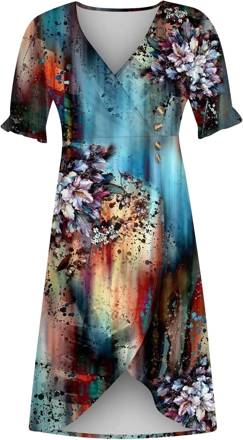 Women's Summer Casual Loose Short Sleeve V-Neck Floral Printed Solid Sun Beach Vacation Dress Plus Size, S-3XL