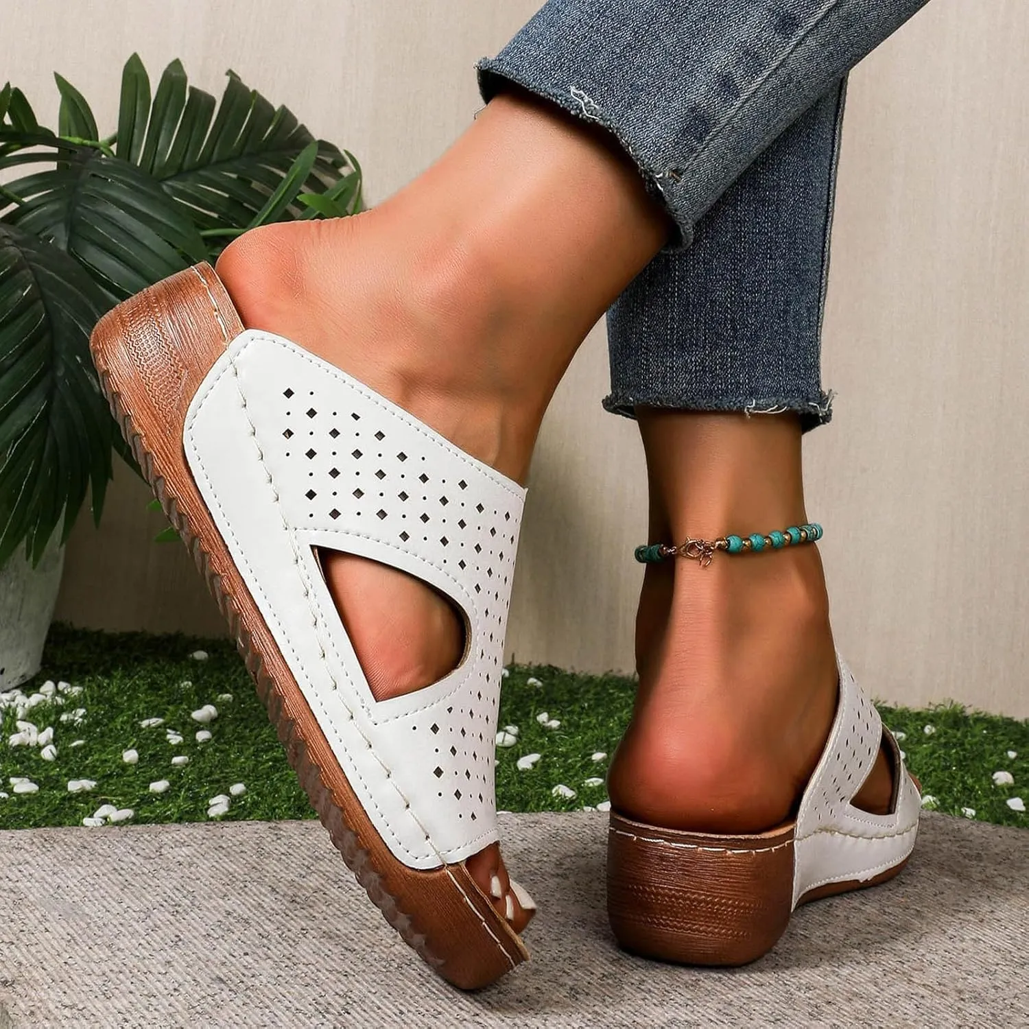 Women's Summer Casual Sandals 2025 Orthopedic Wedge Fish Mouth Hollow Out Fashionable Breathable Comfortable Sandals with Arch Support Slip On Beach Vacation Travel Working Shoes