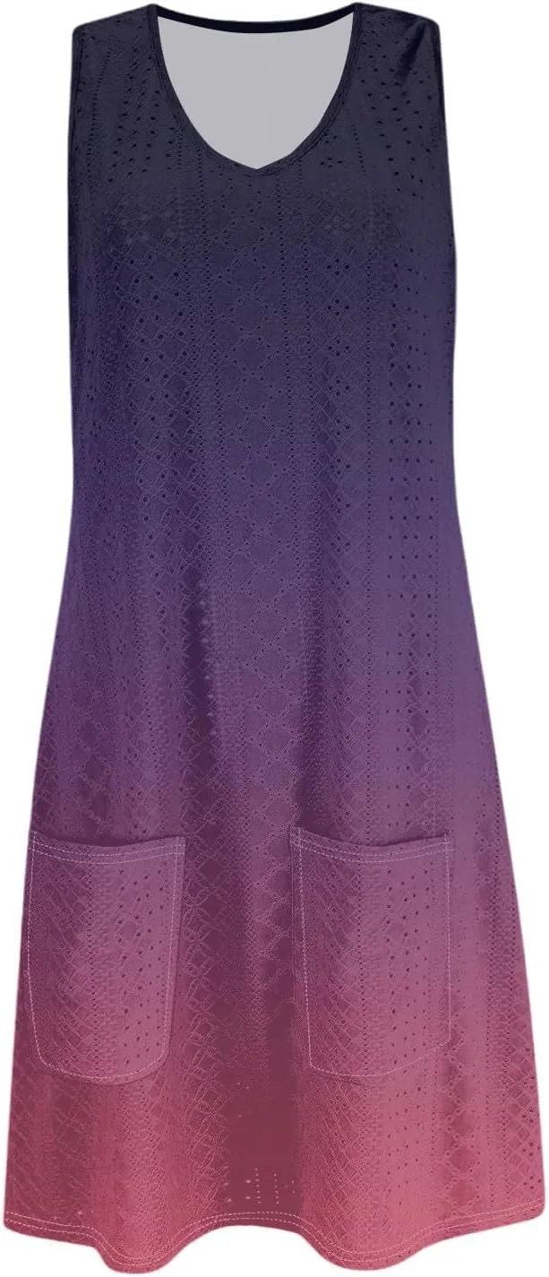 Womens Summer Dresses 2025 Eyelet Casual Loose V Neck Sleeveless Sundresses Tank Coverup Dresses with Pockets