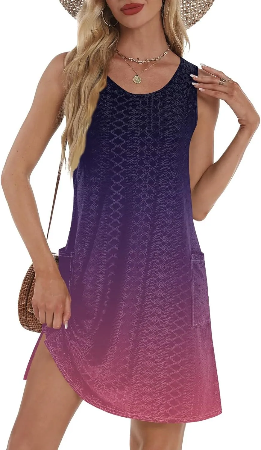 Womens Summer Dresses 2025 Eyelet Casual Loose V Neck Sleeveless Sundresses Tank Coverup Dresses with Pockets