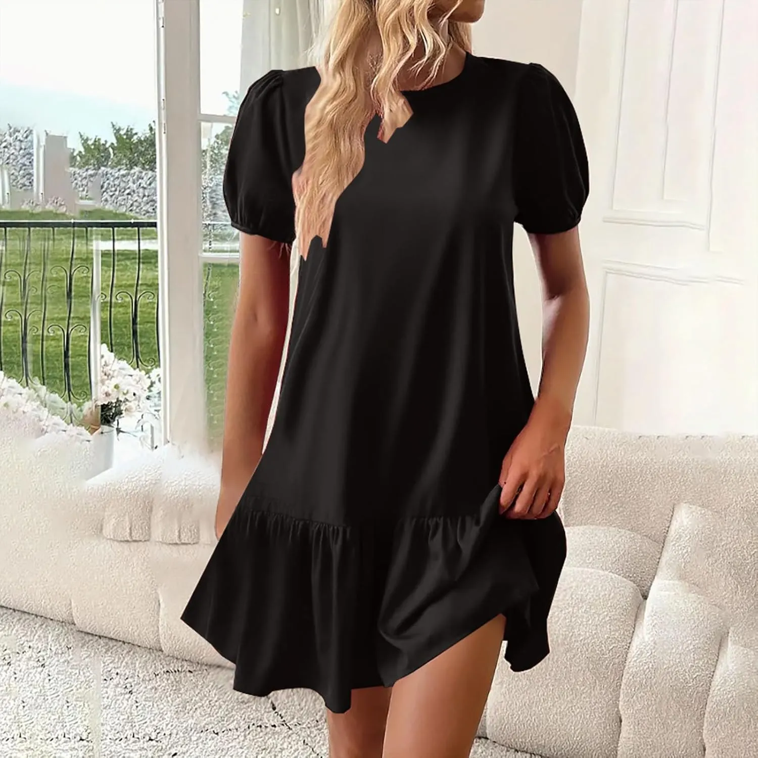 Womens Summer Dresses Casual Short Sleeve Spring Ruffle Mini Sporty Sweatshirt Trendy Loose Soild Tshirt Dress