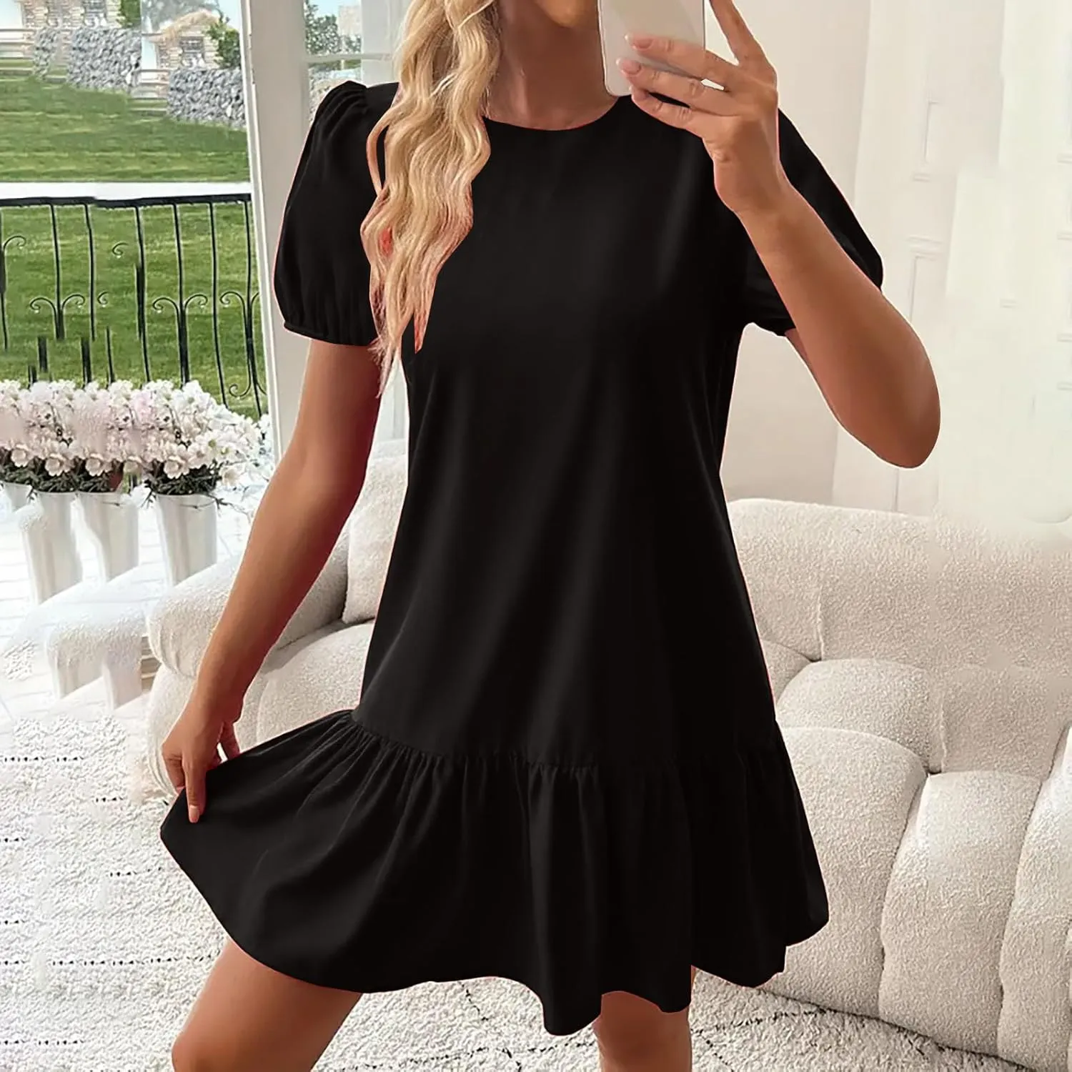 Womens Summer Dresses Casual Short Sleeve Spring Ruffle Mini Sporty Sweatshirt Trendy Loose Soild Tshirt Dress