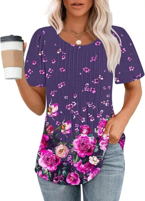 Womens Summer Tops Dressy Casual Short Sleeve Scoop Neck Pleated T Shirts Tunic Blouses Trendy Cute Print Tees