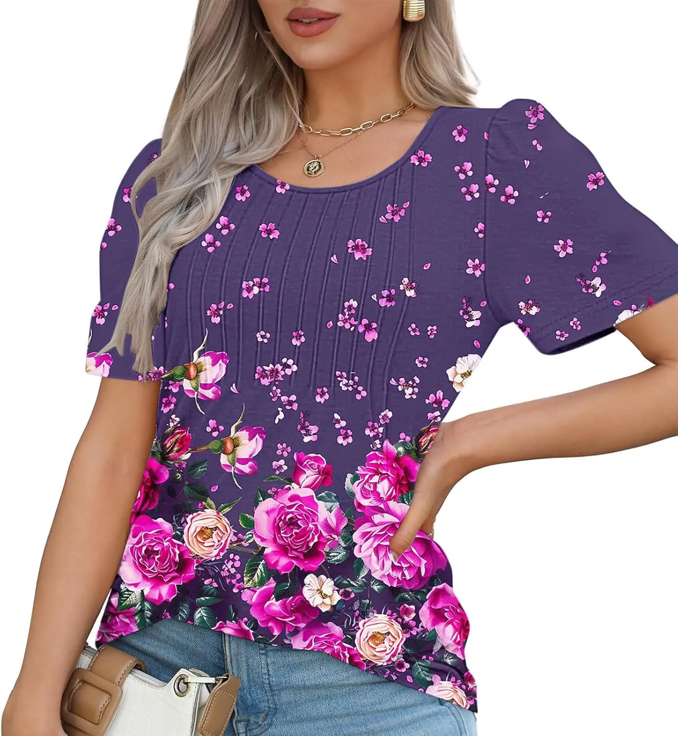 Womens Summer Tops Dressy Casual Short Sleeve Scoop Neck Pleated T Shirts Tunic Blouses Trendy Cute Print Tees
