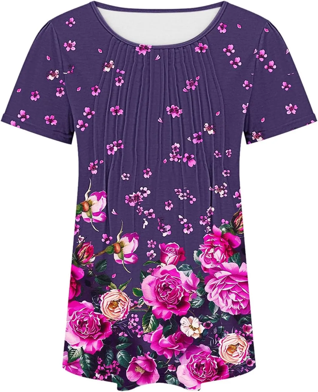 Womens Summer Tops Dressy Casual Short Sleeve Scoop Neck Pleated T Shirts Tunic Blouses Trendy Cute Print Tees