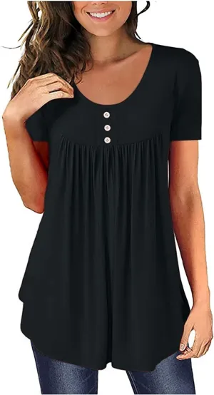 Womens Summer Tops Hide Belly Tunic Short Sleeve T Shirts Flowy Henley Tshirt Casual Dressy Blouses for Leggings