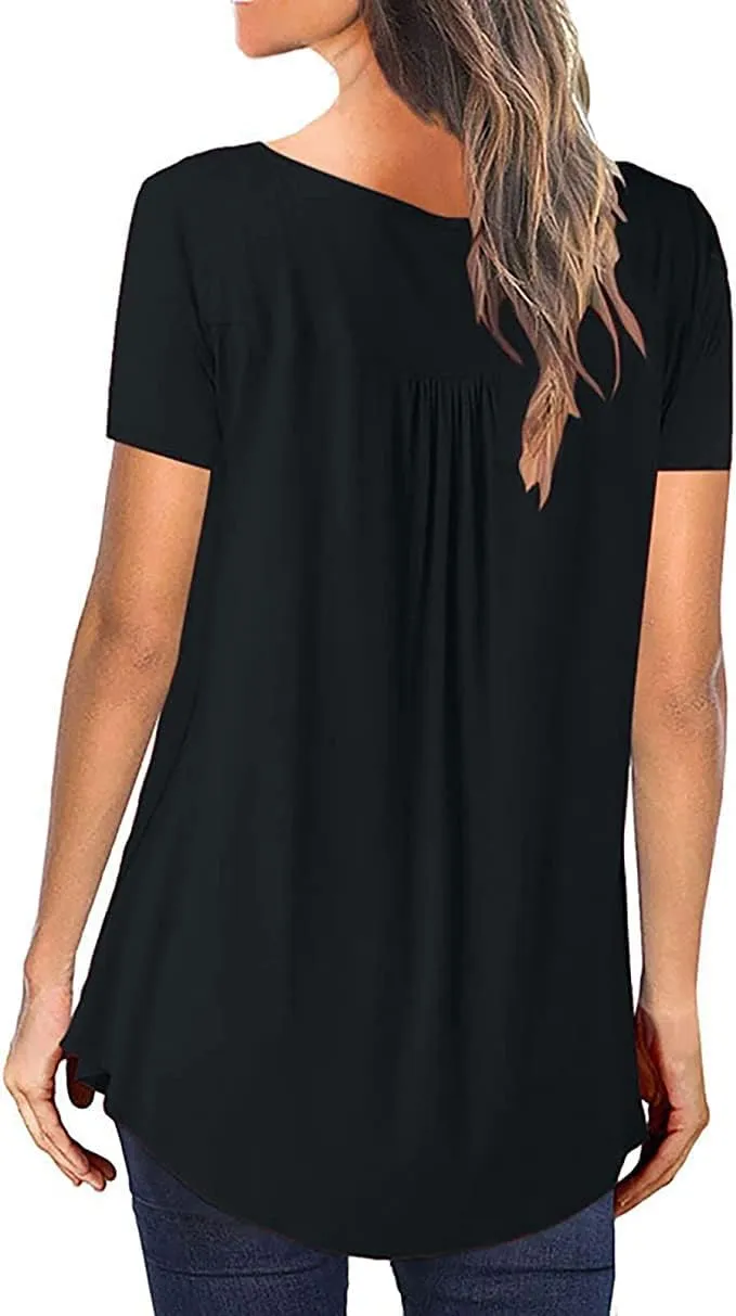 Womens Summer Tops Hide Belly Tunic Short Sleeve T Shirts Flowy Henley Tshirt Casual Dressy Blouses for Leggings