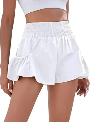 Womens Track Shorts Elastic High Waisted Running Sports Sweat Shorts with Pockets Workout Athletic Lounge Flounce Short Pants