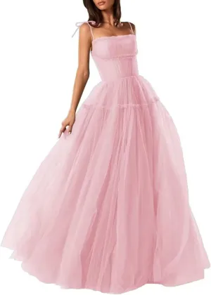 Women's Tulle Prom Dress A-Line Evening Party Gown 2025 Backless Bridesmaid Dresses Spaghetti Straps Princess Dress