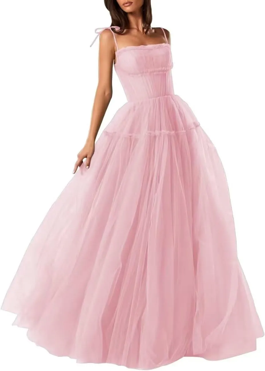 Women's Tulle Prom Dress A-Line Evening Party Gown 2025 Backless Bridesmaid Dresses Spaghetti Straps Princess Dress