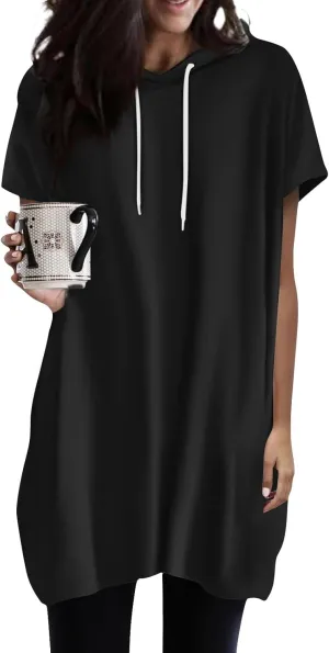 Womens Tunics to Wear with Leggings Oversized Outdoor Sports Hoodies Summer Short Sleeve Hooded Tshirts with Pockets