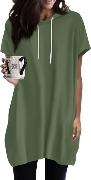 Womens Tunics to Wear with Leggings Oversized Outdoor Sports Hoodies Summer Short Sleeve Hooded Tshirts with Pockets
