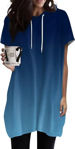 Womens Tunics to Wear with Leggings Oversized Outdoor Sports Hoodies Summer Short Sleeve Hooded Tshirts with Pockets
