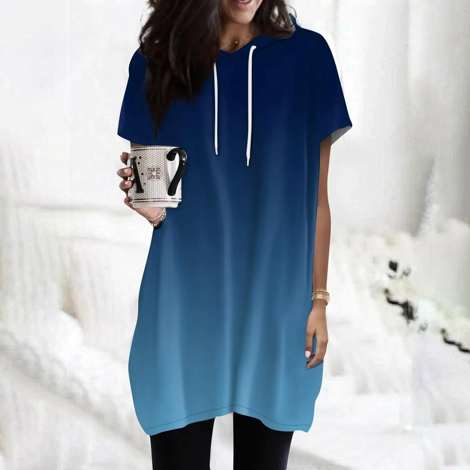 Womens Tunics to Wear with Leggings Oversized Outdoor Sports Hoodies Summer Short Sleeve Hooded Tshirts with Pockets
