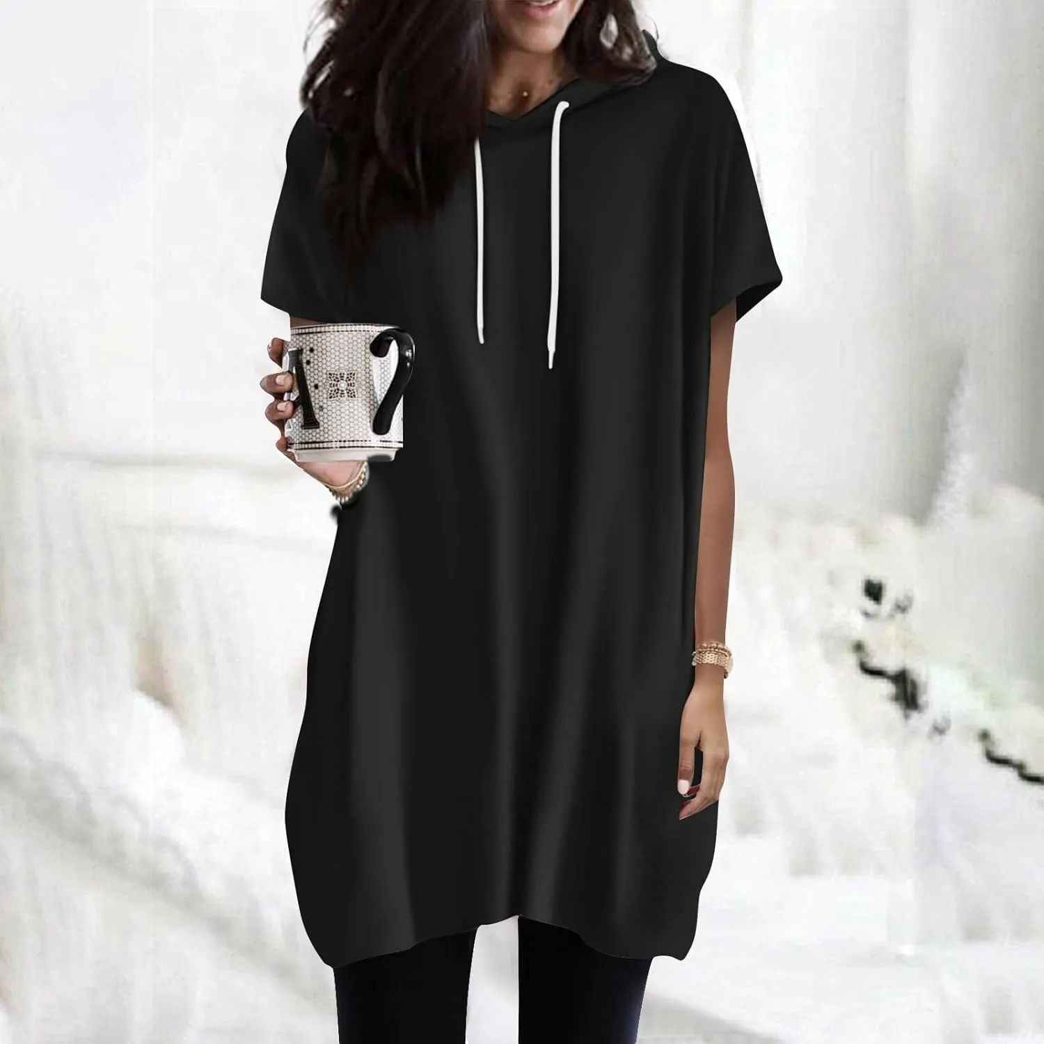 Womens Tunics to Wear with Leggings Oversized Outdoor Sports Hoodies Summer Short Sleeve Hooded Tshirts with Pockets