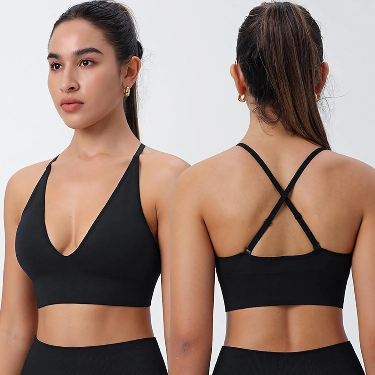 Women's V Neck Long Line Sports Bra Strap Padded Cup Adjustable Thin Strap Fitness Yoga Short Top 36 C