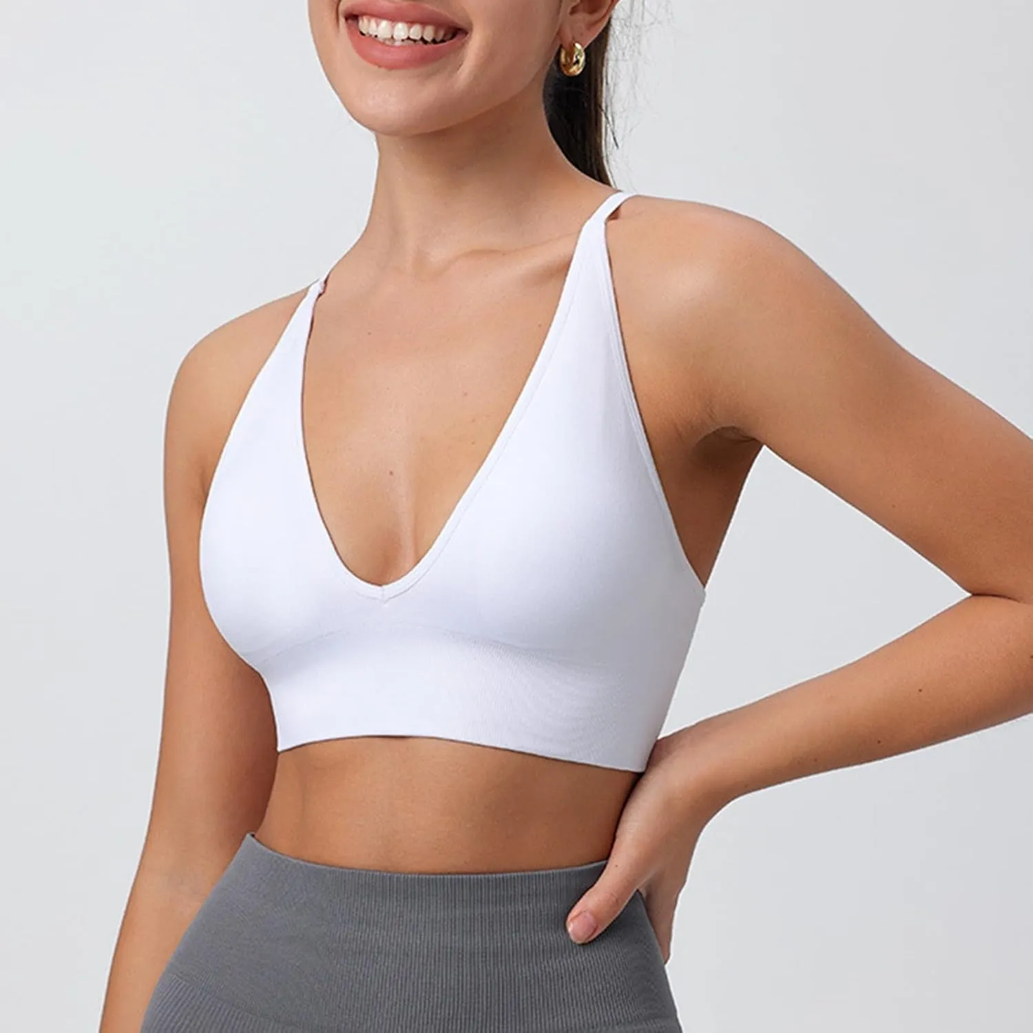 Women's V Neck Long Line Sports Bra Strap Padded Cup Adjustable Thin Strap Fitness Yoga Short Top 36 C