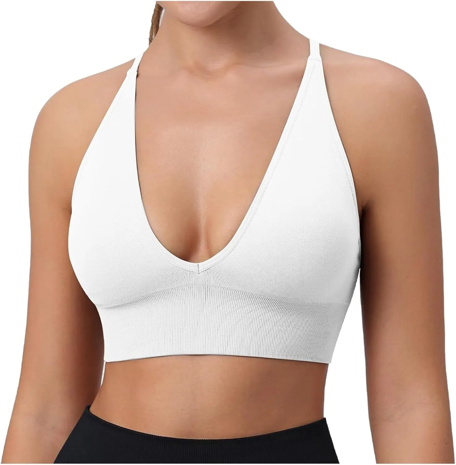 Women's V Neck Long Line Sports Bra Strap Padded Cup Adjustable Thin Strap Fitness Yoga Short Top 36 C
