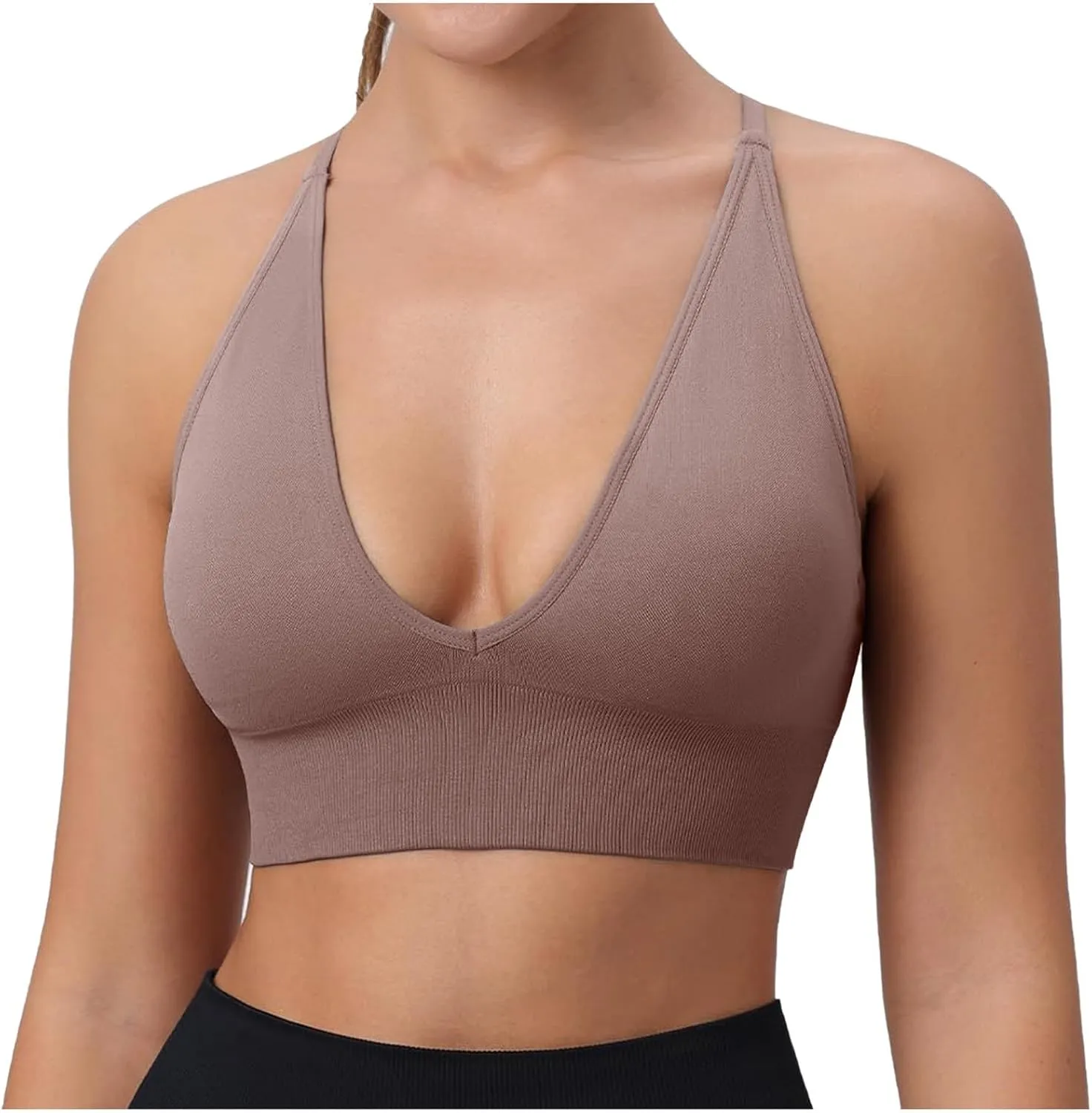 Women's V Neck Long Line Sports Bra Strap Padded Cup Adjustable Thin Strap Fitness Yoga Short Top 36 C