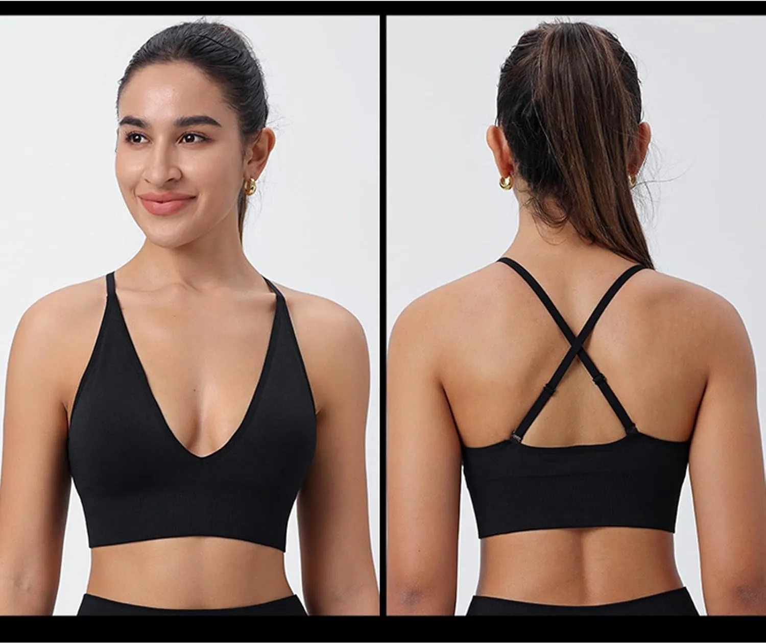 Women's V Neck Long Line Sports Bra Strap Padded Cup Adjustable Thin Strap Fitness Yoga Short Top 36 C