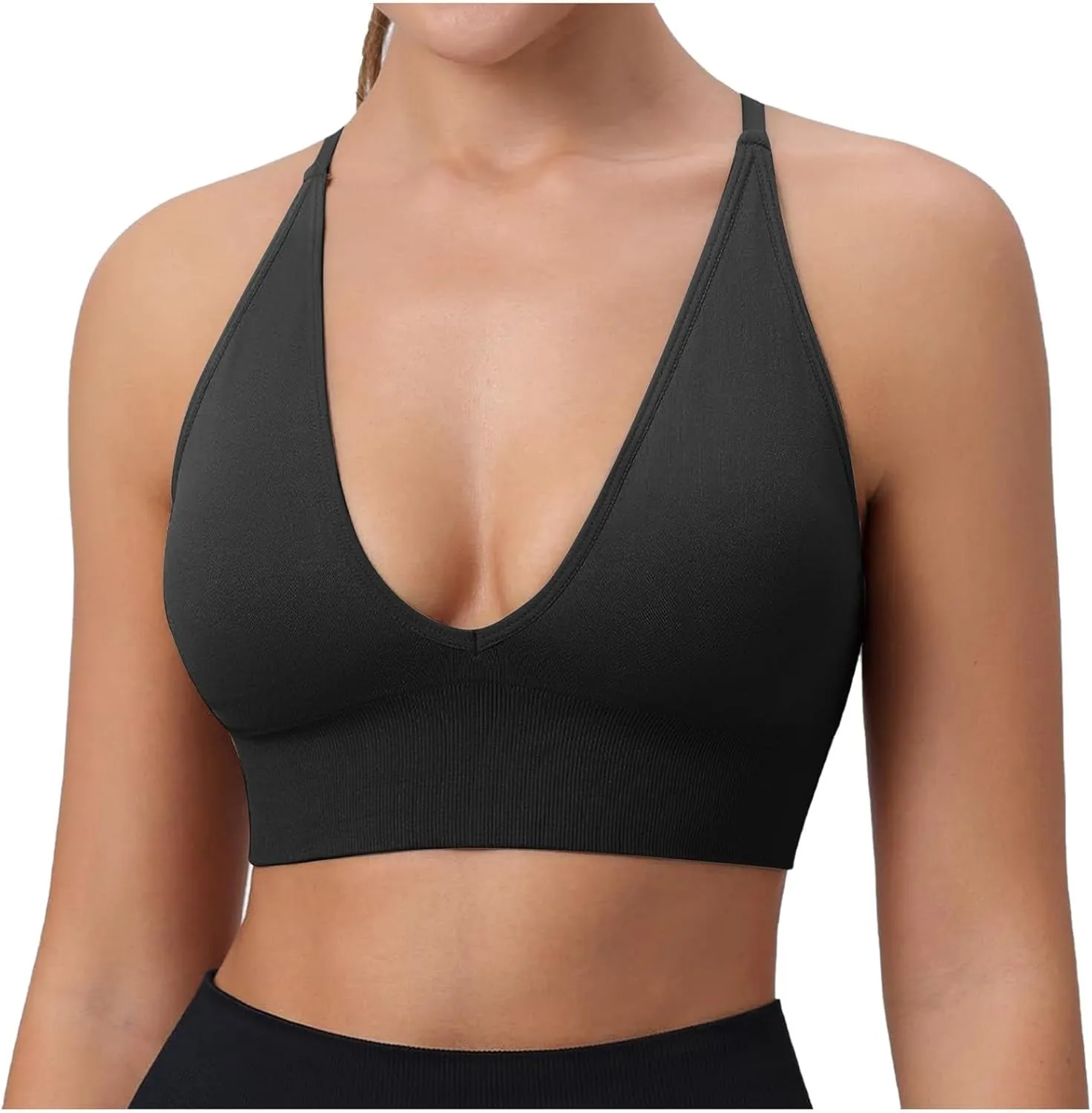 Women's V Neck Long Line Sports Bra Strap Padded Cup Adjustable Thin Strap Fitness Yoga Short Top 36 C